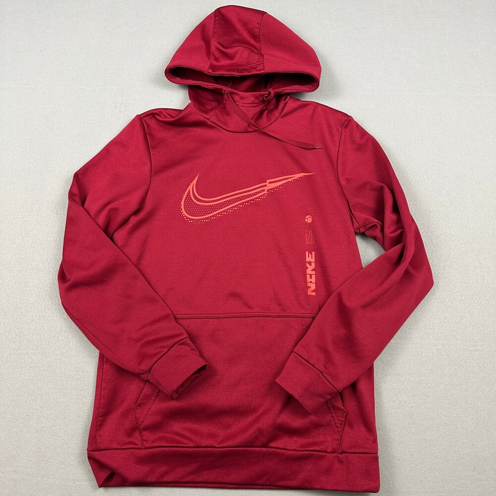 Nike Hoodie Men Small Red Solid Pullover Big Swoosh Thema Fit Pocket Sports S